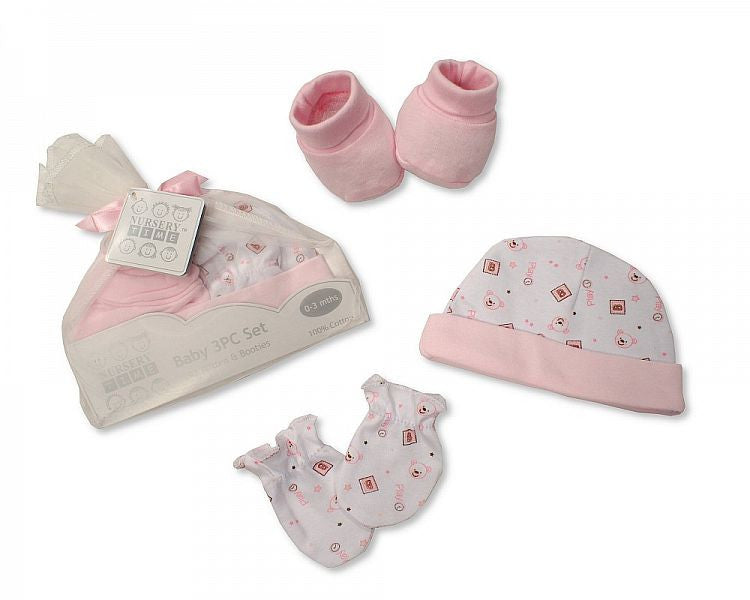 Baby Hat Mitten and Booties Set in Mesh Bag - Pink-Gp 2516-0662