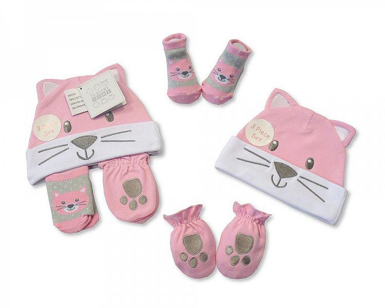 Baby Hat, Socks and Mitten Set - Cat - Kidswholesale.co.uk