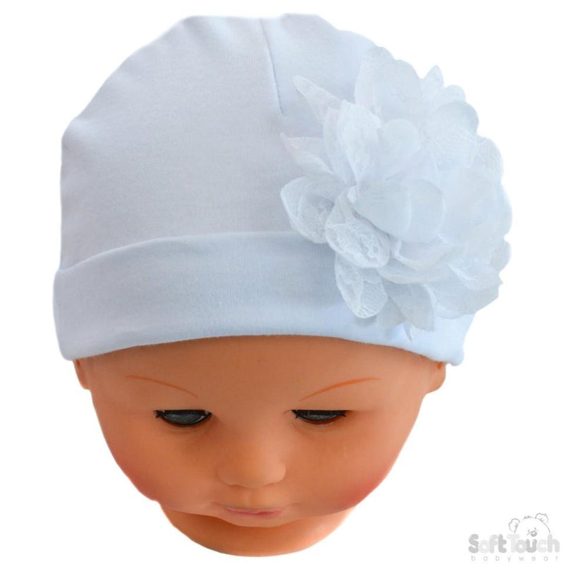 Plain White Hat W/Large Flower (0-18 Months) H11-W - Kidswholesale.co.uk