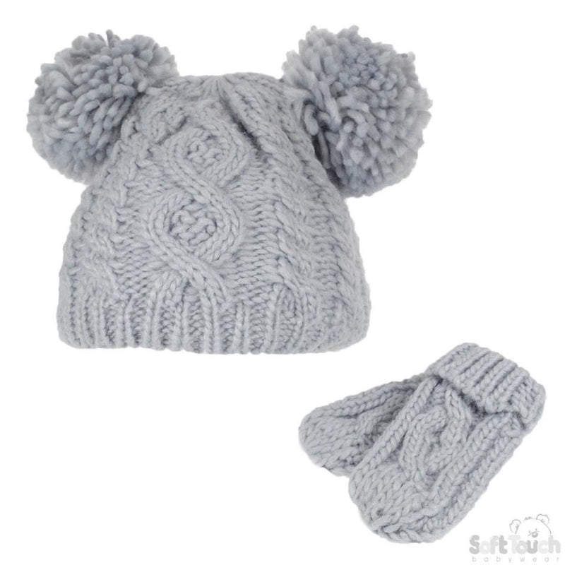 Grey/White Heavy Knit Pom-Pom Hat & Mitten Set - 0-12M (H482-GW-SM) - Kidswholesale.co.uk