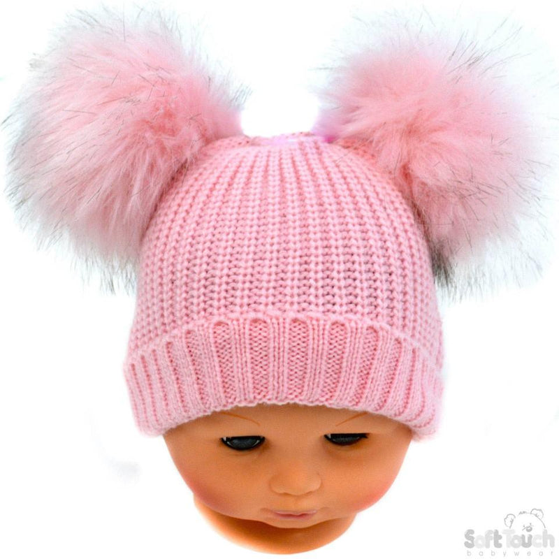 Small Pink Double Pom-Pom Hat - NB-6M (H506-P-SM) - Kidswholesale.co.uk