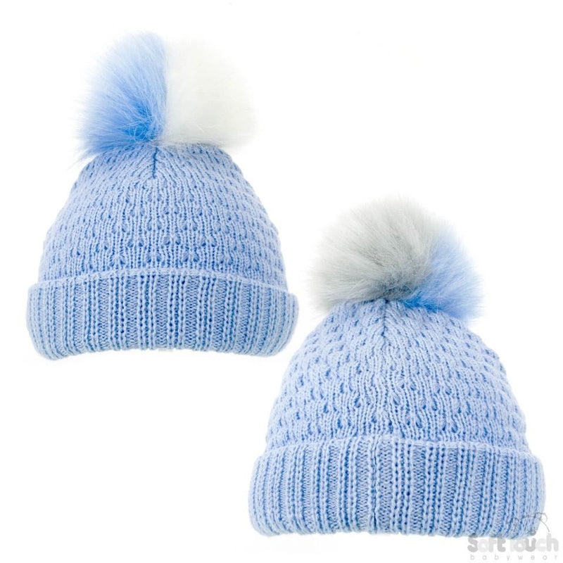 Blue Diamond Ribbed Hat -Double colour pom pom (NB-12M) H600-B-SM - Kidswholesale.co.uk