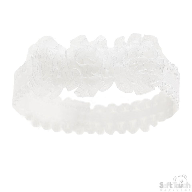 WHITE LACE HEADBAND W/3 PINK FLOWERS - HB90-W - Kidswholesale.co.uk