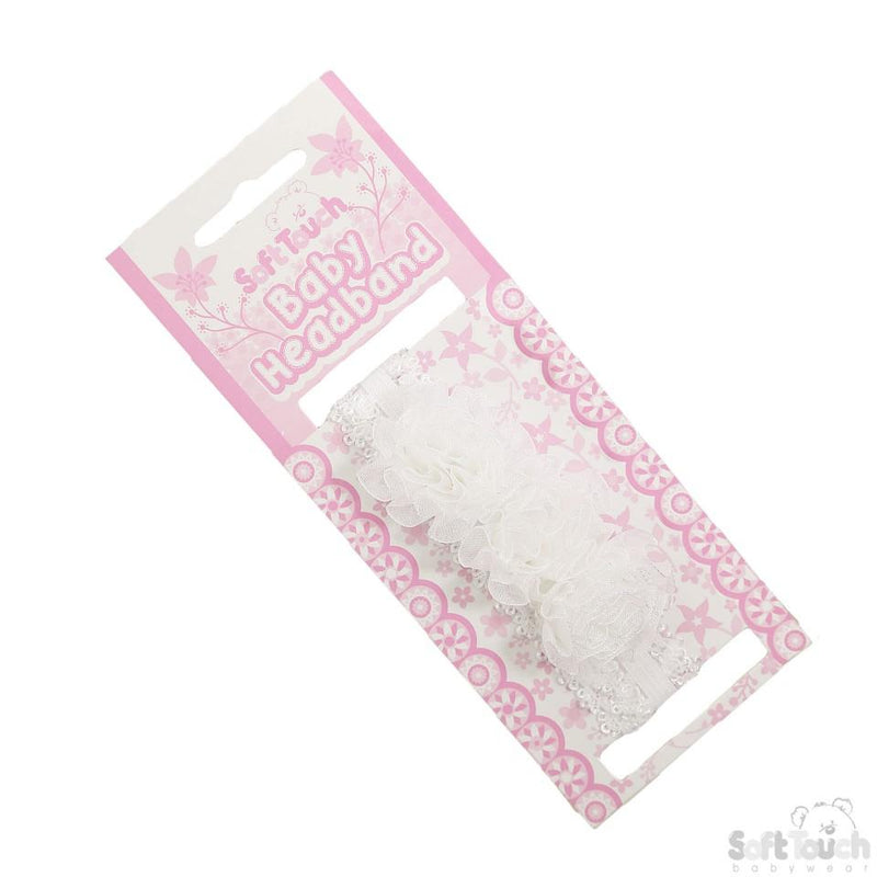 WHITE LACE HEADBAND W/3 PINK FLOWERS - HB90-W - Kidswholesale.co.uk