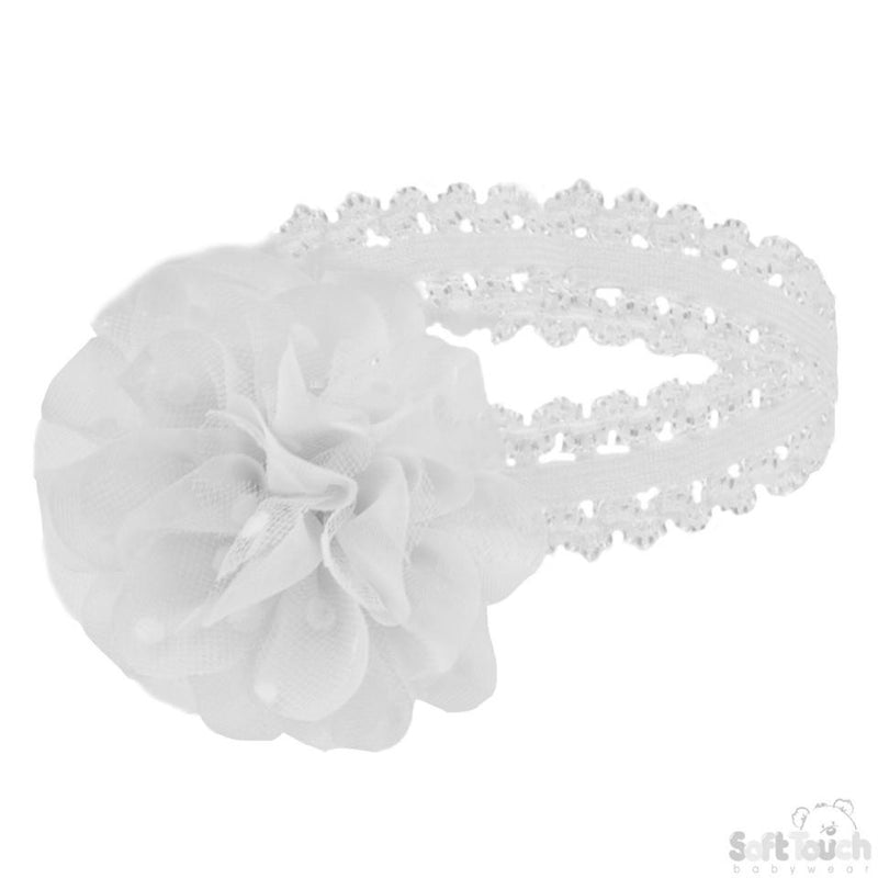 WHITE LACE HEADBAND W/SPOTTY ORGANZA FLOWER HB94-W - Kidswholesale.co.uk