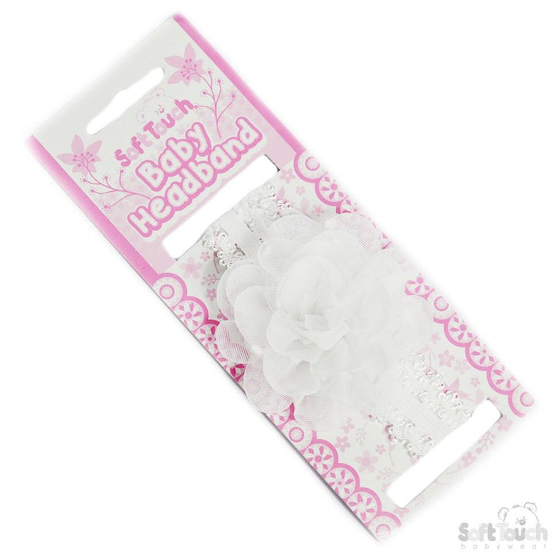 WHITE LACE HEADBAND W/SPOTTY ORGANZA FLOWER HB94-W - Kidswholesale.co.uk