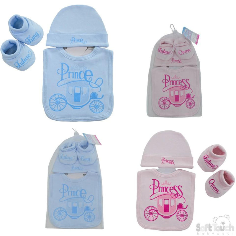 Velcro Bib, Hat & Bootee Set - Prince/Princess: HBB260 - Kidswholesale.co.uk