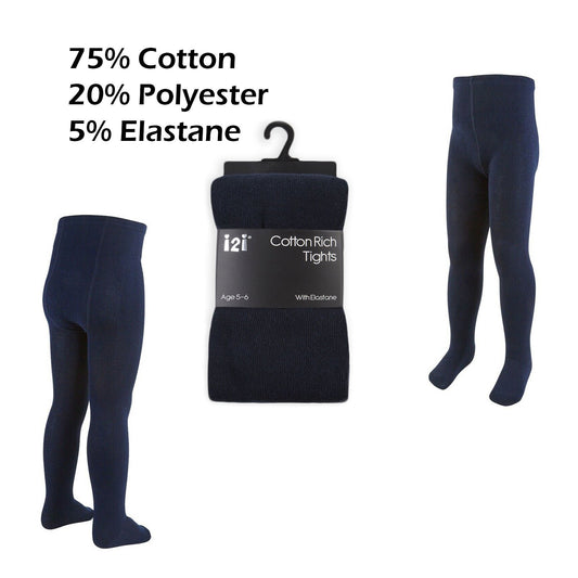 Girls Plain Navy Cotton Rich Tights i2i Tights - Kidswholesale.co.uk