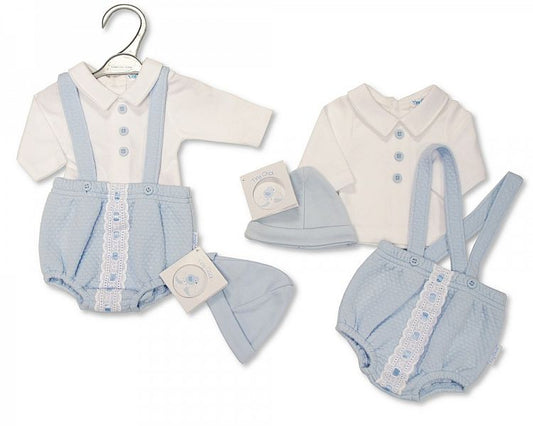 Premature Baby Boys 2 pcs Short Dungaree Set with Lace and Hat-Pb-20-368s