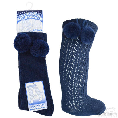 Navy Infants Pelerine Knee-Length Socks W/Pom Pom - 0-24 Months - PS04-N - Kidswholesale.co.uk