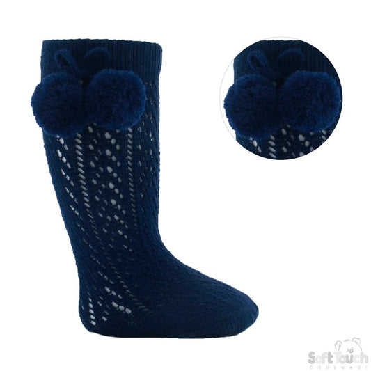 Navy Infants Pelerine Knee-Length Socks W/Pom Pom - 0-24 Months - PS04-N - Kidswholesale.co.uk