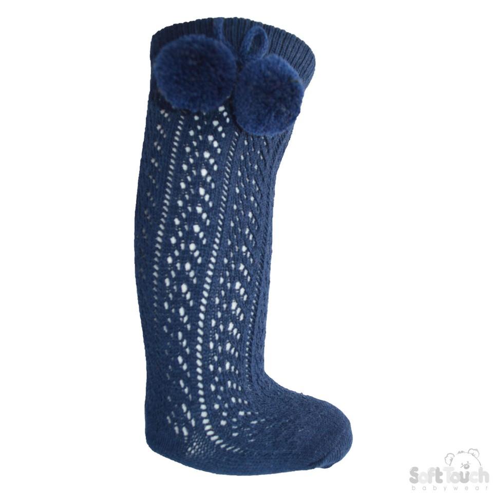 Navy Infants Pelerine Knee-Length Socks W/Pom Pom - 0-24 Months - PS04-N - Kidswholesale.co.uk