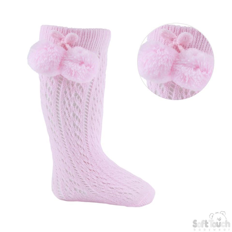 Pink Infants Pelerine Knee-Length Socks W/Pom Pom - 0-24 Months - PS04-P - Kidswholesale.co.uk