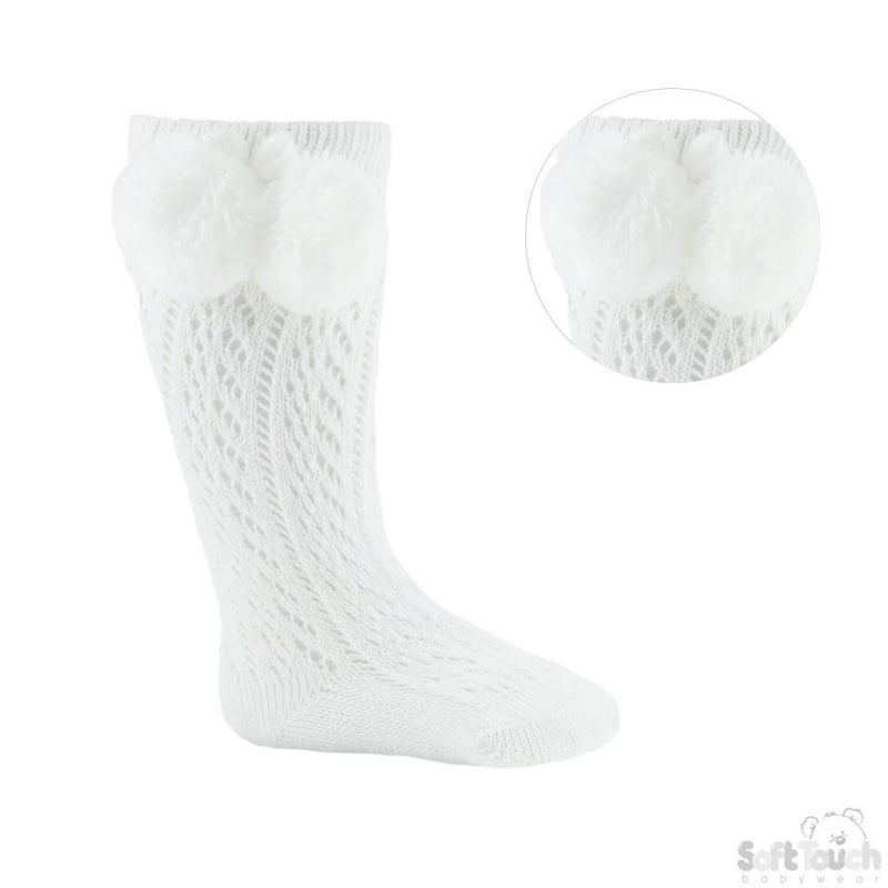White Infants Pelerine Knee-Length Socks W/Pom Pom - 0-24 Months - PS04-W - Kidswholesale.co.uk