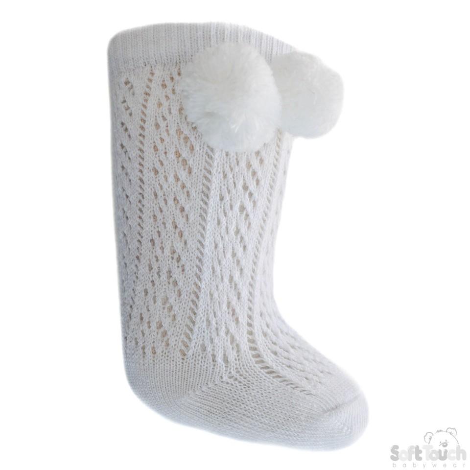 White Infants Pelerine Knee-Length Socks W/Pom Pom - 0-24 Months - PS04-W - Kidswholesale.co.uk