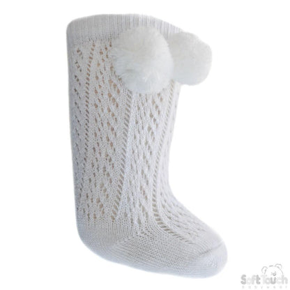 White Infants Pelerine Knee-Length Socks W/Pom Pom - 0-24 Months - PS04-W - Kidswholesale.co.uk
