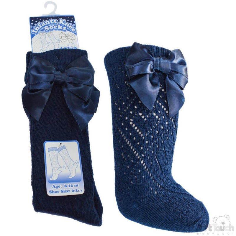 Navy Infants Pelerine Knee-Length Socks W/Bow - 0-24 Months - PS06-N - Kidswholesale.co.uk