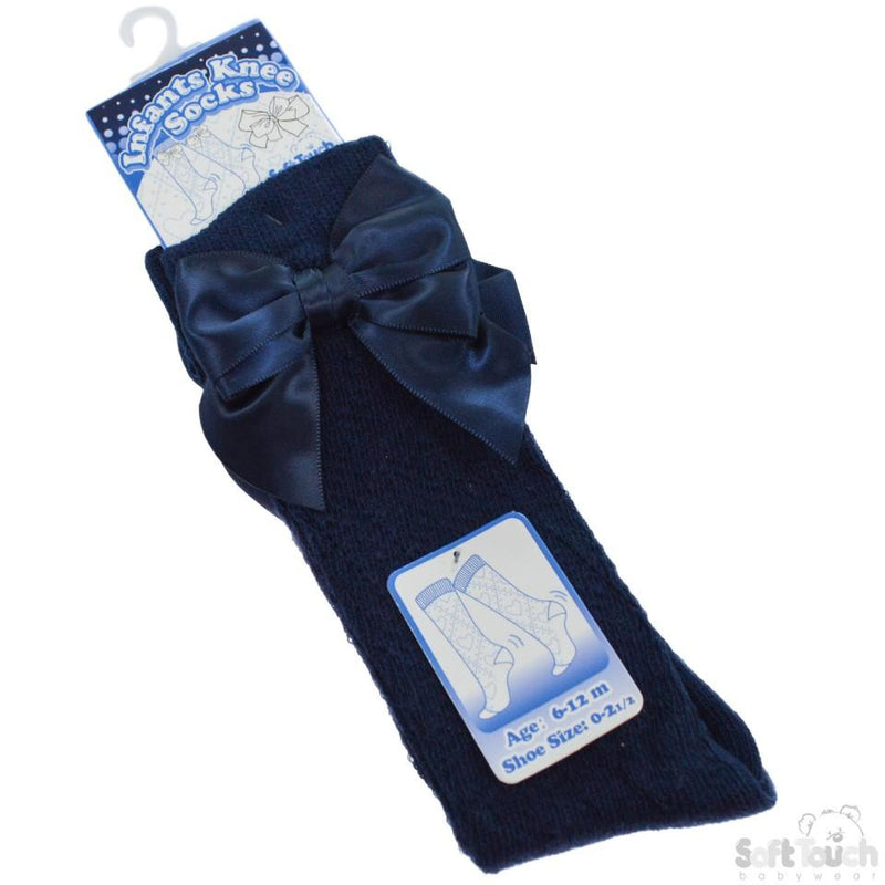 Navy Infants Pelerine Knee-Length Socks W/Bow - 0-24 Months - PS06-N - Kidswholesale.co.uk