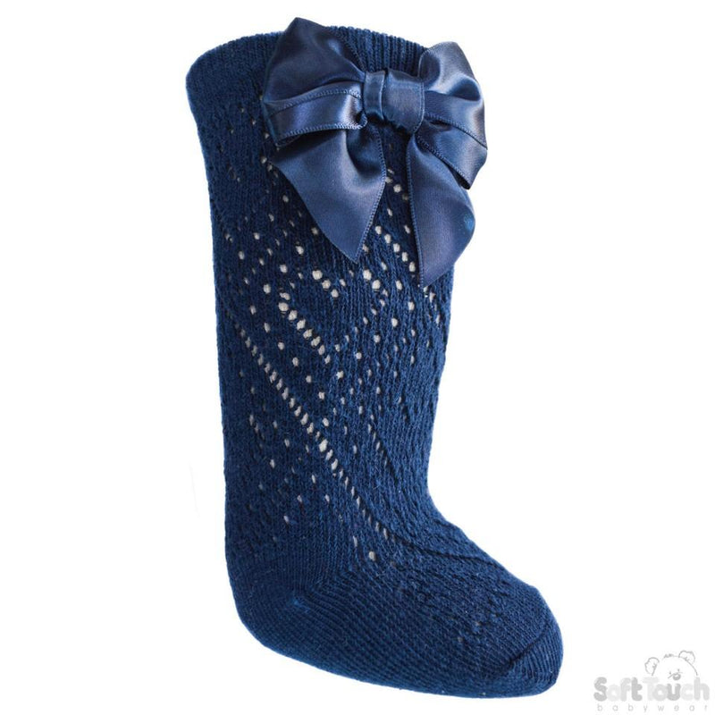 Navy Infants Pelerine Knee-Length Socks W/Bow - 0-24 Months - PS06-N - Kidswholesale.co.uk