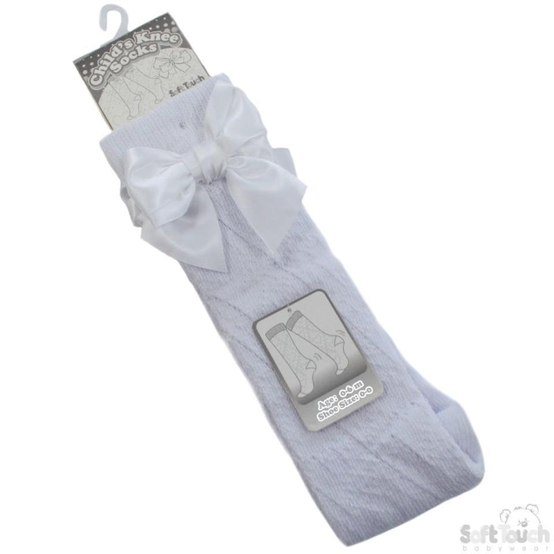 White Infants Pelerine Knee-Length Socks W/Bow - 0-24 Months - PS06-W - Kidswholesale.co.uk