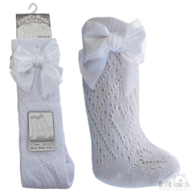 Children White Pelerine Knee-Length Socks W/Bow - 2-6 Years - PS16-W - Kidswholesale.co.uk