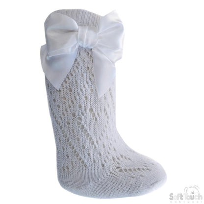 Children White Pelerine Knee-Length Socks W/Bow - 2-6 Years - PS16-W - Kidswholesale.co.uk