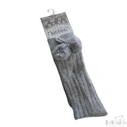 Children's Ribbed Knee-Length Pom Pom Socks - Grey (12-24 Months) S108-G - Kidswholesale.co.uk