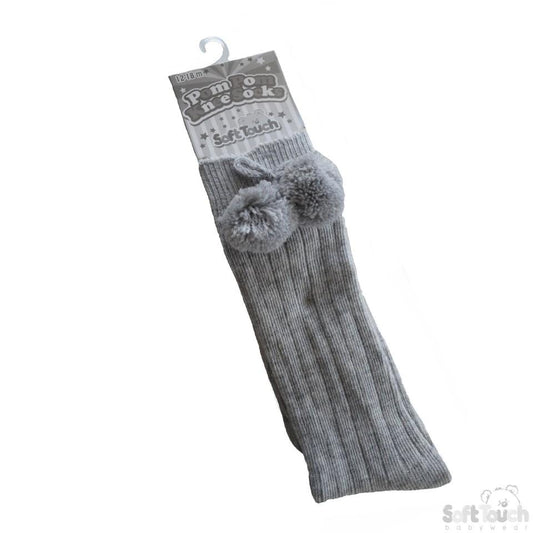 Children's Ribbed Knee-Length Pom Pom Socks - Grey (12-24 Months) S108-G - Kidswholesale.co.uk