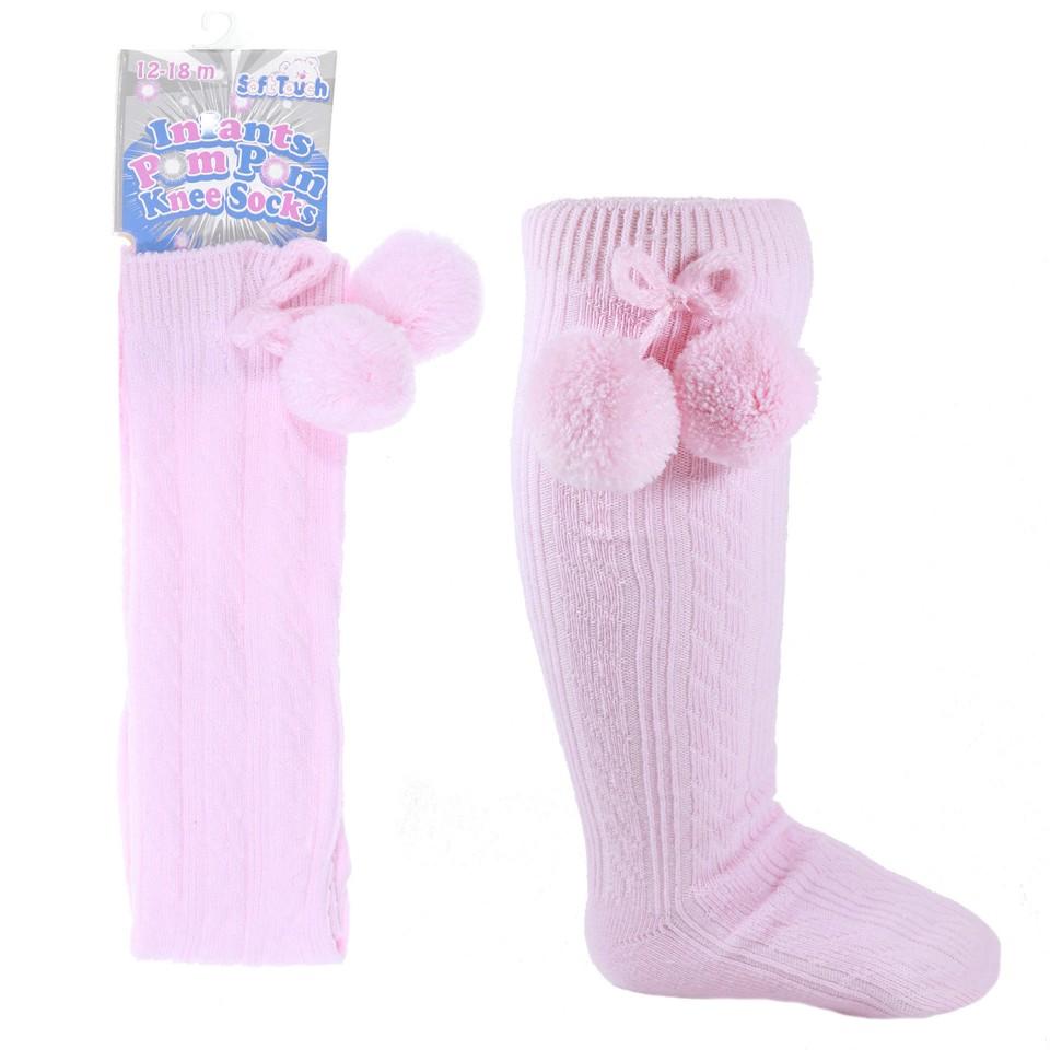 Children's Ribbed Knee-Length Pom Pom Socks - Pink (12-24 Months) S108-P - Kidswholesale.co.uk