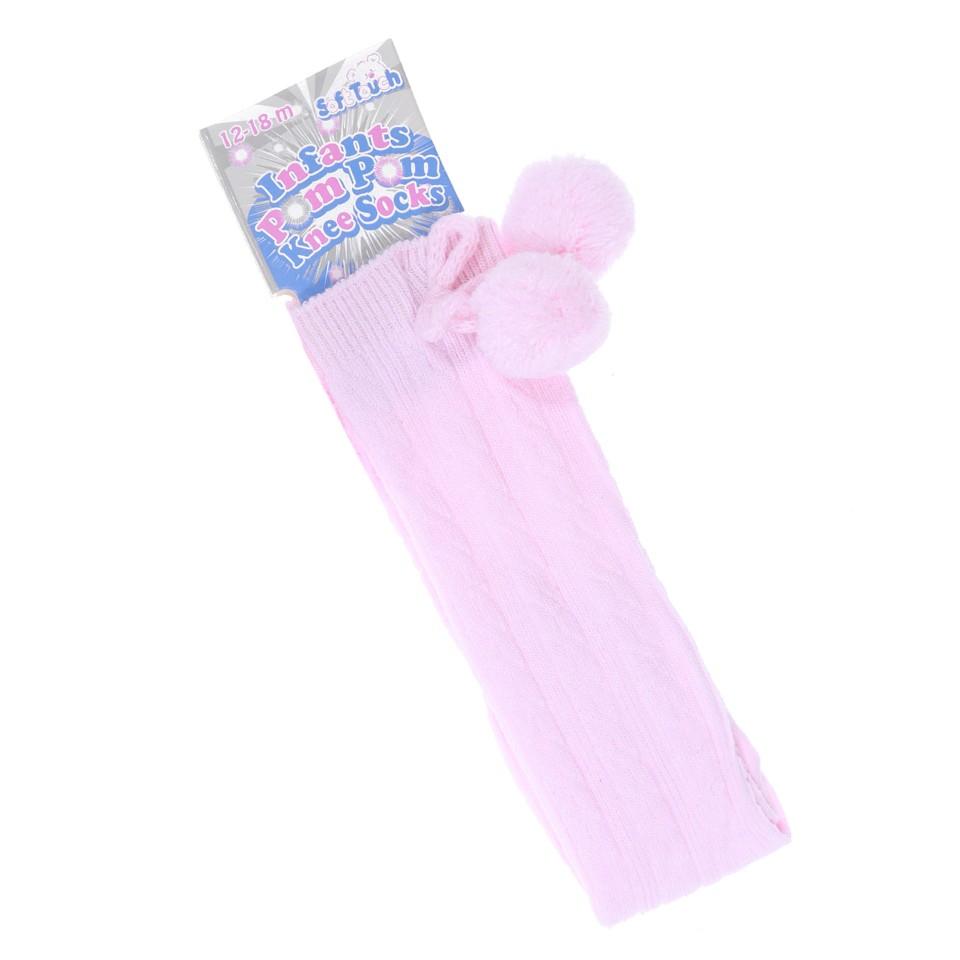 Children's Ribbed Knee-Length Pom Pom Socks - Pink (12-24 Months) S108-P - Kidswholesale.co.uk