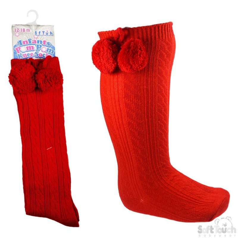 Children's Ribbed Knee-Length Pom Pom Socks - Red (12-24 Months) S108-R - Kidswholesale.co.uk