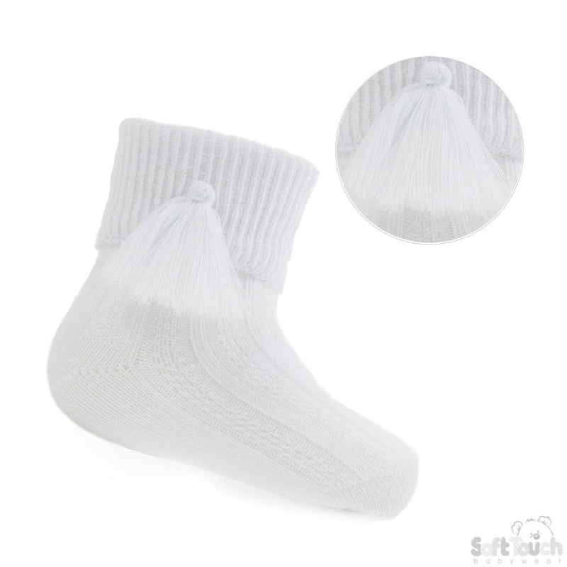 WHITE ANKLE SOCKS W/TASSEL (0-24 MONTHS) S125-W - Kidswholesale.co.uk