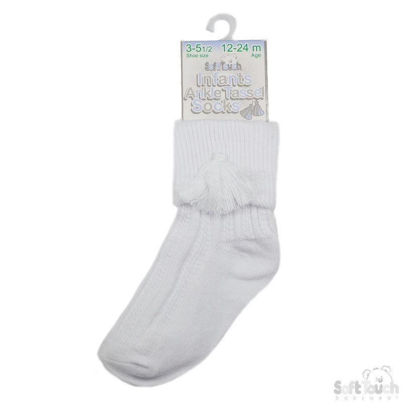 WHITE ANKLE SOCKS W/TASSEL (0-24 MONTHS) S125-W - Kidswholesale.co.uk