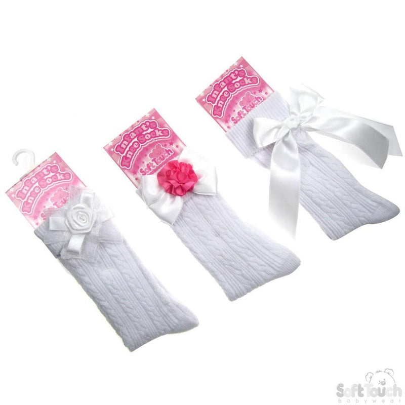 RIBBED KNEE LENGTH SOCKS W/STITCHED BOWS: S42-W - Kidswholesale.co.uk