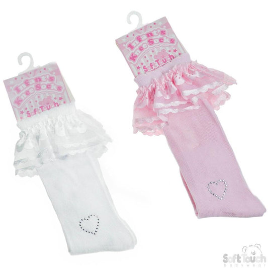 PLAIN KNEE LENGTH SOCKS W/LACE & DIAMONTE HEART: S44 - Kidswholesale.co.uk