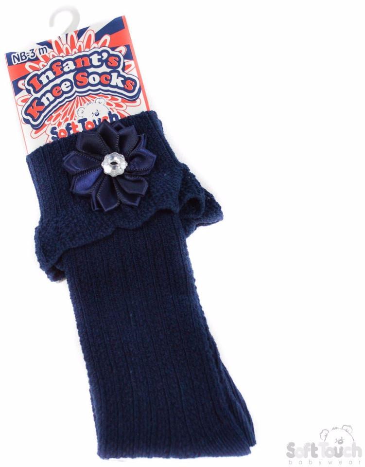 RIBBED KNEE LENGTH SOCKS W/SATIN FLOWER & DIAMONTE: S48-N - Kidswholesale.co.uk