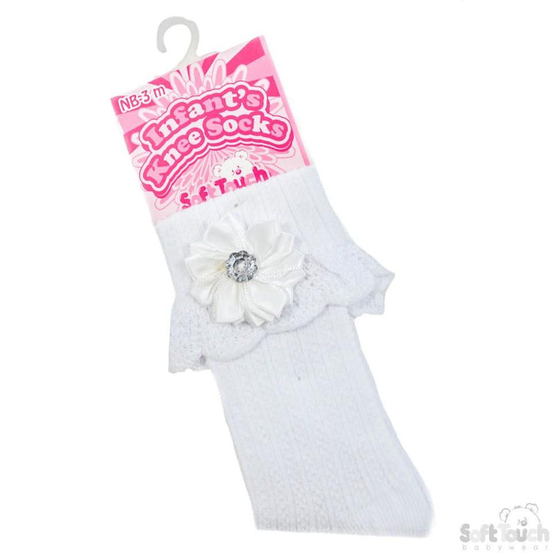 RIBBED KNEE LENGTH SOCKS W/SATIN FLOWER & DIAMONTE: S48-W - Kidswholesale.co.uk