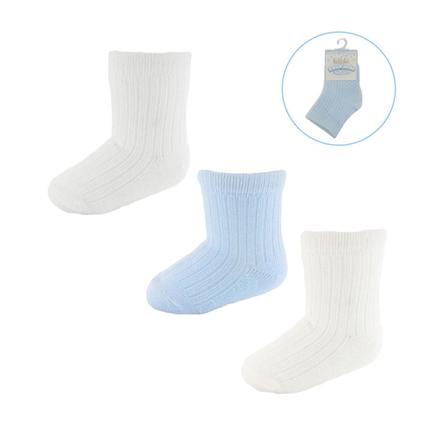 BLUE/WHITE/CREAM 3 PACK RIBBED SOCKS (3-6 Months) S82-B-NB-3M