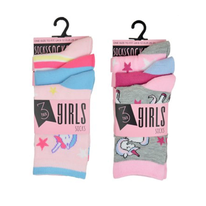 Girls 3 Pack Unicorn Design Socks (PK12) (9-12 to 4-6) SK713A
