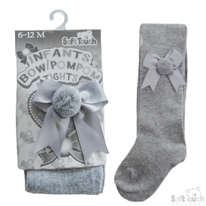 Plain Grey Tights With Matching Bow And Pom Pom - NB-24 Months - T41-G - Kidswholesale.co.uk