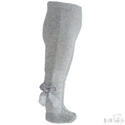 Grey Hearts Jacquard Tights W/Longbow - NB-24 Months - T42-G - Kidswholesale.co.uk