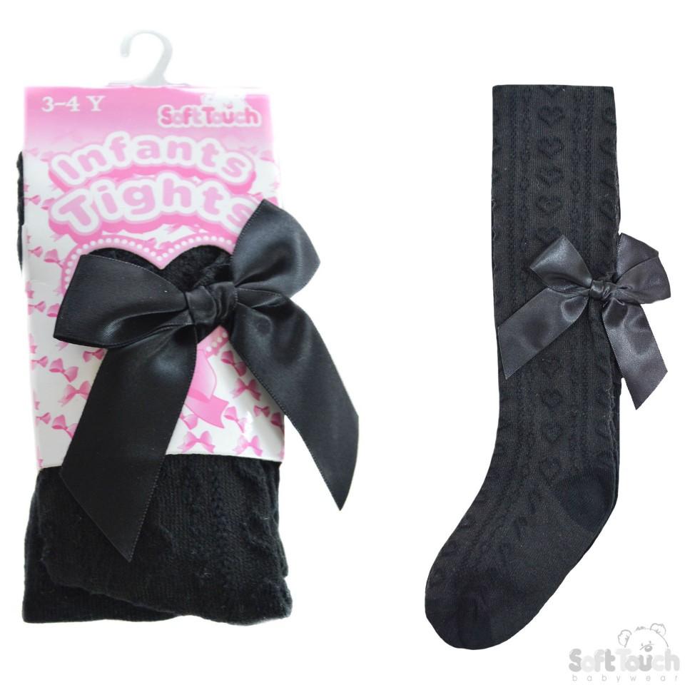 Girls Black Hearts Jacquard Tights W/Long Bow- 2-5 Years - T51-BLK - Kidswholesale.co.uk