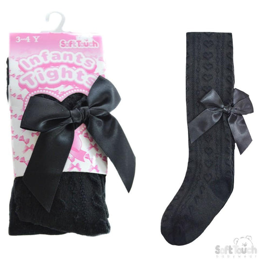 Girls Black Hearts Jacquard Tights W/Long Bow- 2-5 Years - T51-BLK - Kidswholesale.co.uk