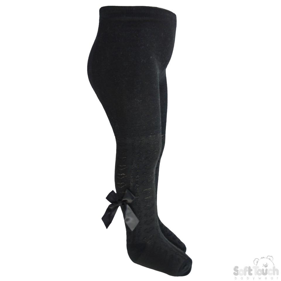 Girls Black Hearts Jacquard Tights W/Long Bow- 2-5 Years - T51-BLK - Kidswholesale.co.uk