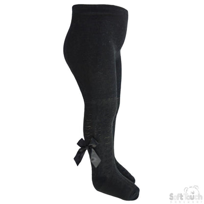 Girls Black Hearts Jacquard Tights W/Long Bow- 2-5 Years - T51-BLK - Kidswholesale.co.uk