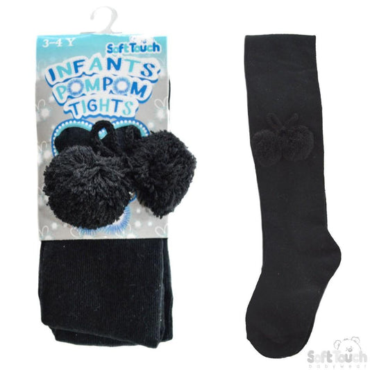 Girls Plain Black Tights With Pom Pom - 18M-5 Years - T53-blk - Kidswholesale.co.uk