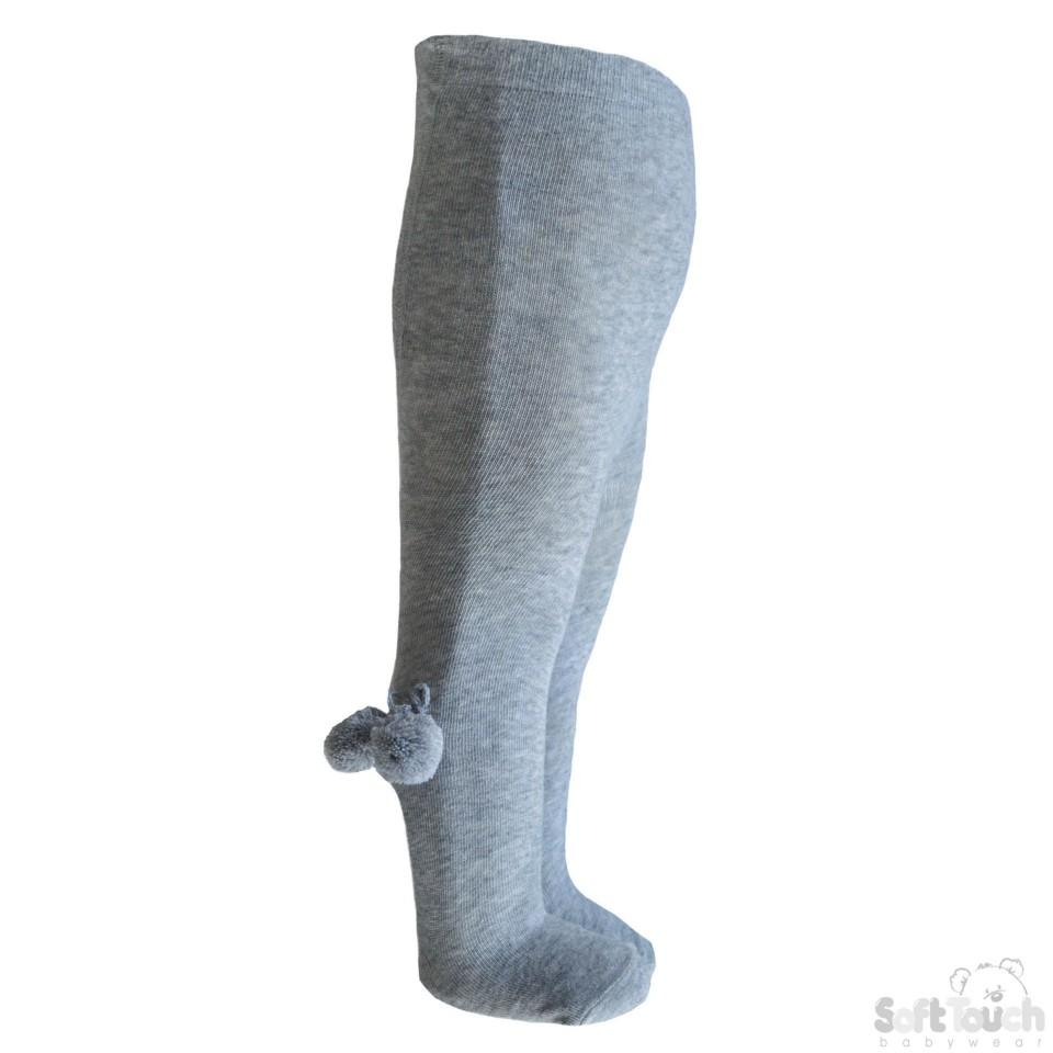 Girls Plain Grey Tights With Pom Pom - 18M-5 Years - T53-G - Kidswholesale.co.uk